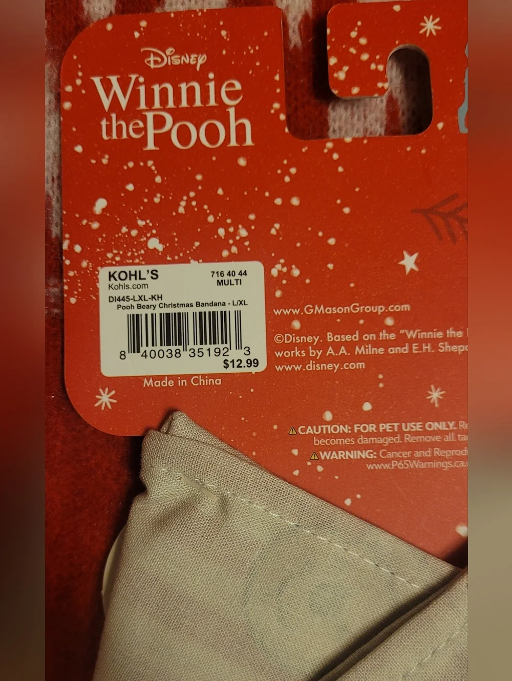 Disney Winnie the Pooh Cream & Red Striped Reversible Pet Bandana, L/XL